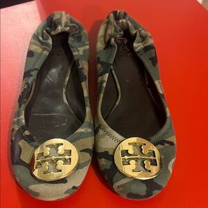 Tory Burch Green Camouflage Reva Flats with Gold Accent